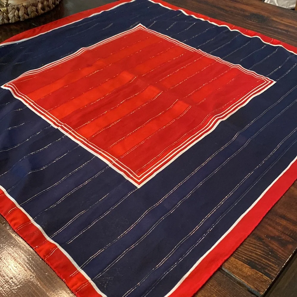 Vintage Marc Aurel Roma red white blue square 31.5 x 31.5 metallic thread scarf